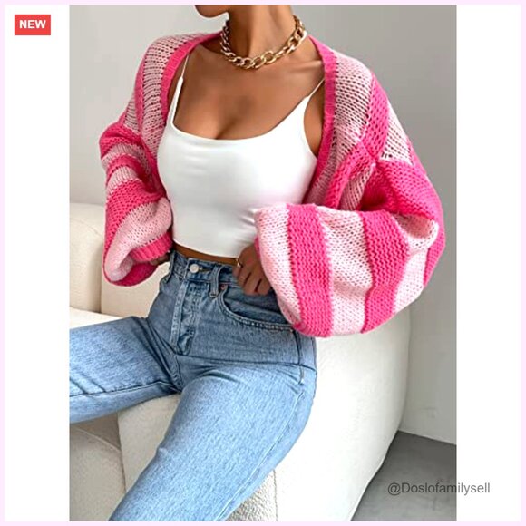 Cropped Cable Knit Cardigan, Striped Color Block, Oversized Fit, Holiday Party - Picture 6 of 7